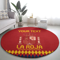 Round red football rug featuring “YOUR TEXT,” crest emblem, and diamond edge