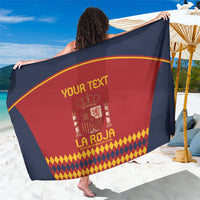 Spain football sarong with large La Roja crest, red center and navy border, YOUR TEXT