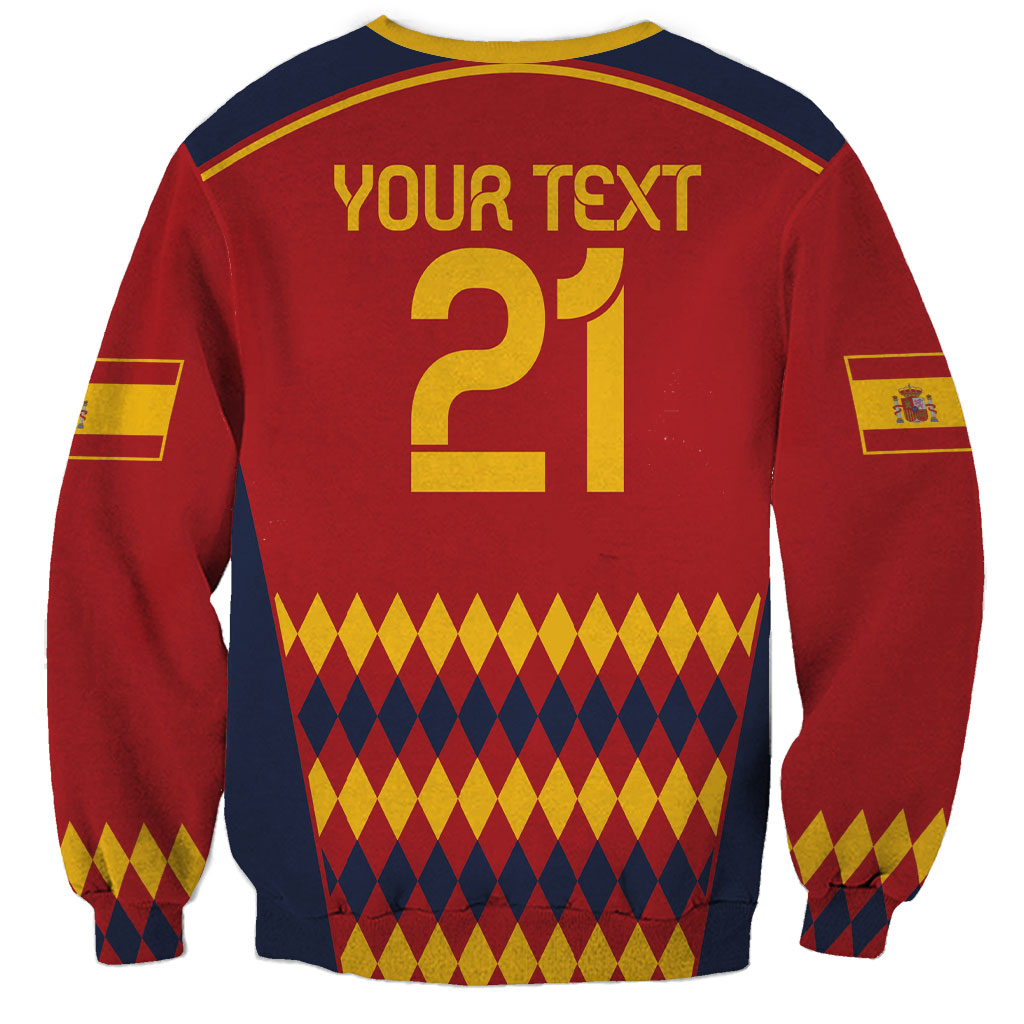 Red Spain football sweatshirt back with 'YOUR TEXT' and large 21, yellow trim, crest stripe
