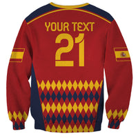 Red Spain football sweatshirt back with 'YOUR TEXT' and large 21, yellow trim, crest stripe