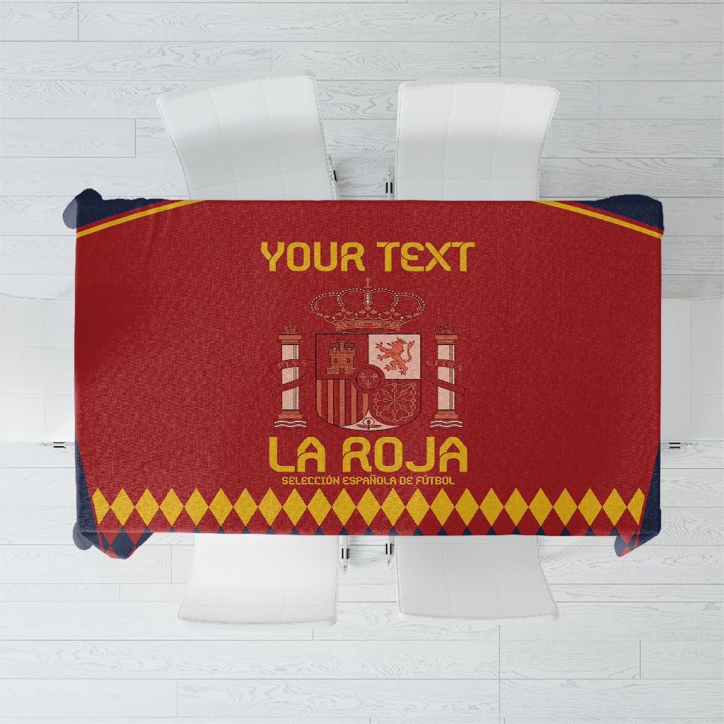 Red Spain football tablecloth close-up with crown crest and “La Roja” text
