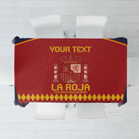 Red Spain football tablecloth close-up with crown crest and “La Roja” text