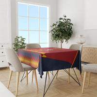 Red Spain football tablecloth with yellow and navy diamond pattern, table runner style