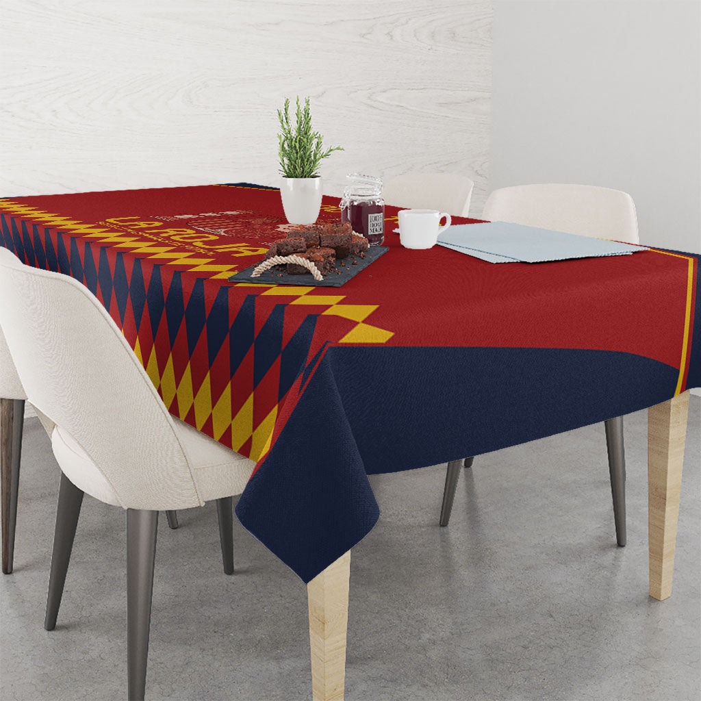 Red Spain football tablecloth with yellow and navy diamond pattern and navy side drape