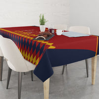 Red Spain football tablecloth with yellow and navy diamond pattern and navy side drape