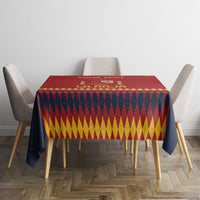 Red Spain football tablecloth with yellow and navy geometric diamond pattern