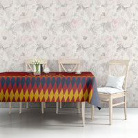 Red Spain football tablecloth with yellow and navy diamond pattern on dining table