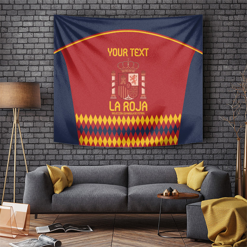 Red and navy football-themed Spain tapestry with crest and yellow diamond border