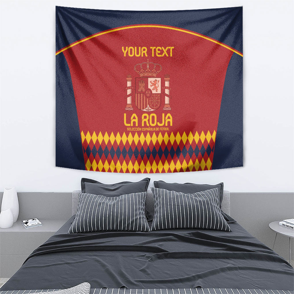 Red Spain banner tapestry with crown crest, yellow text, and multicolor diamond hem