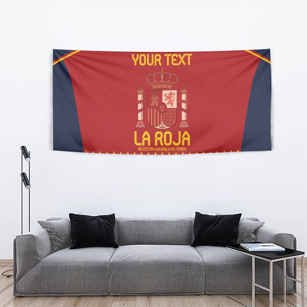Red Spain wall tapestry with crest, yellow “YOUR TEXT”, and navy background with diamond trim