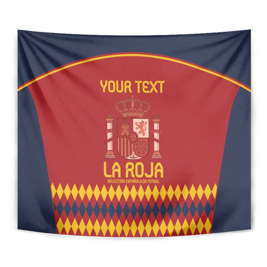 Close-up Spain football tapestry: red center, navy edges, yellow crest text, diamond border