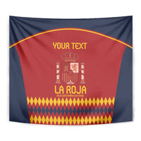 Close-up Spain football tapestry: red center, navy edges, yellow crest text, diamond border