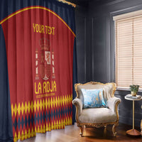 Red Spain football curtain with crown crest, yellow diamond hem, and “YOUR TEXT” on panel