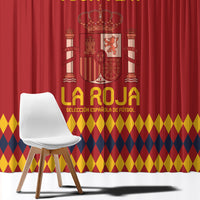 Red Spain football window curtain with crown crest and yellow diamond border, custom text area