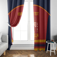 Red Spain football curtain beside window, navy side accents, yellow diamond border, “YOUR TEXT”