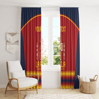 Red Spain football window curtain with crown crest, navy header, yellow diamond border, “YOUR TEXT”