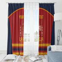 Red Spain football curtain panels with navy sides, crown crest, yellow diamond border, “YOUR TEXT”