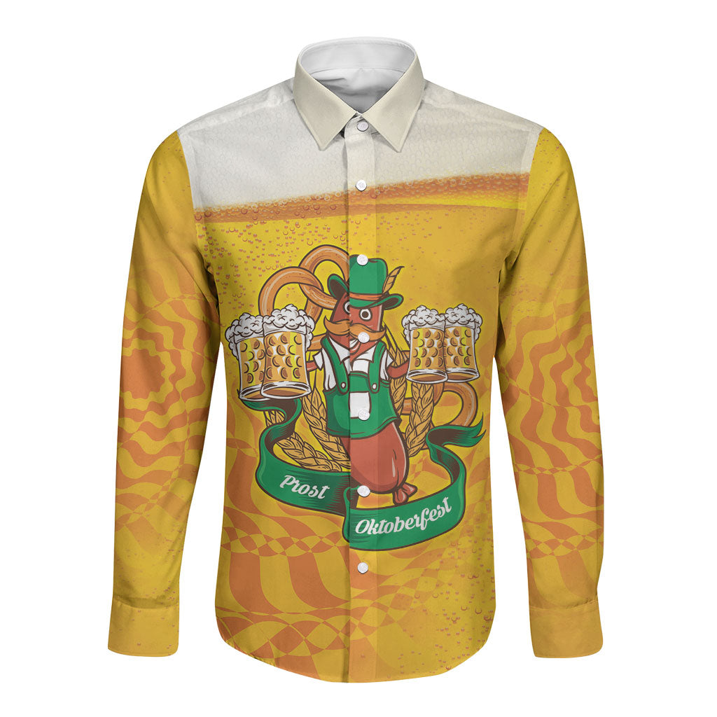 Oktoberfest Bratwurst Hotdog Personalized Long Sleeve Button Shirt Bavarian Pattern Foam Beer Style