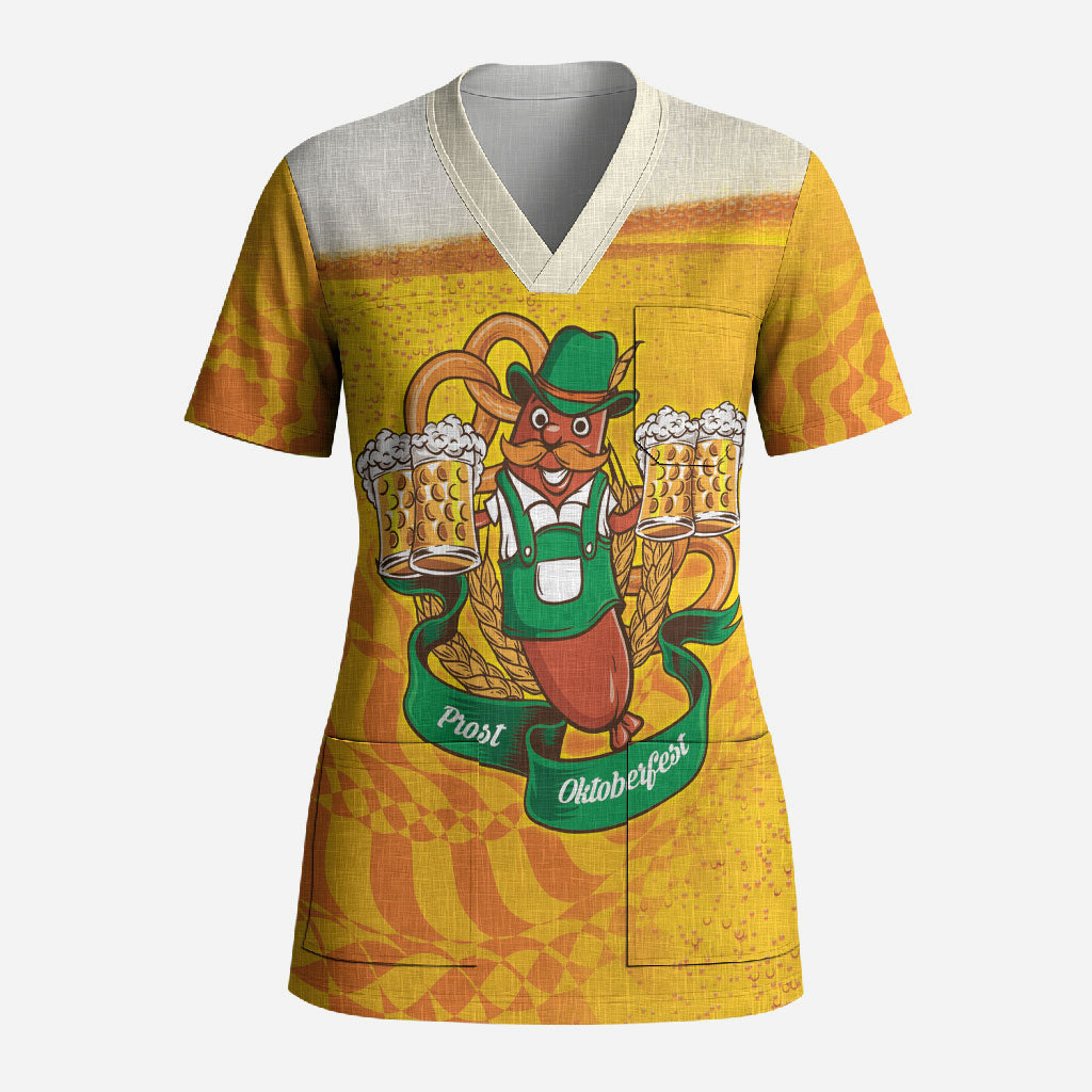 Oktoberfest Bratwurst Hotdog Personalized Scrub Top Bavarian Pattern Foam Beer Style