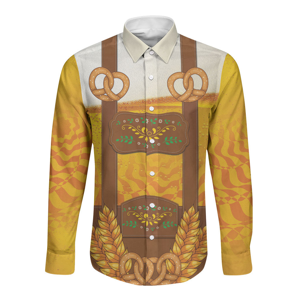 Oktoberfest Lederhosen Pretzel Long Sleeve Button Shirt Bavarian Pattern Foam Beer Style
