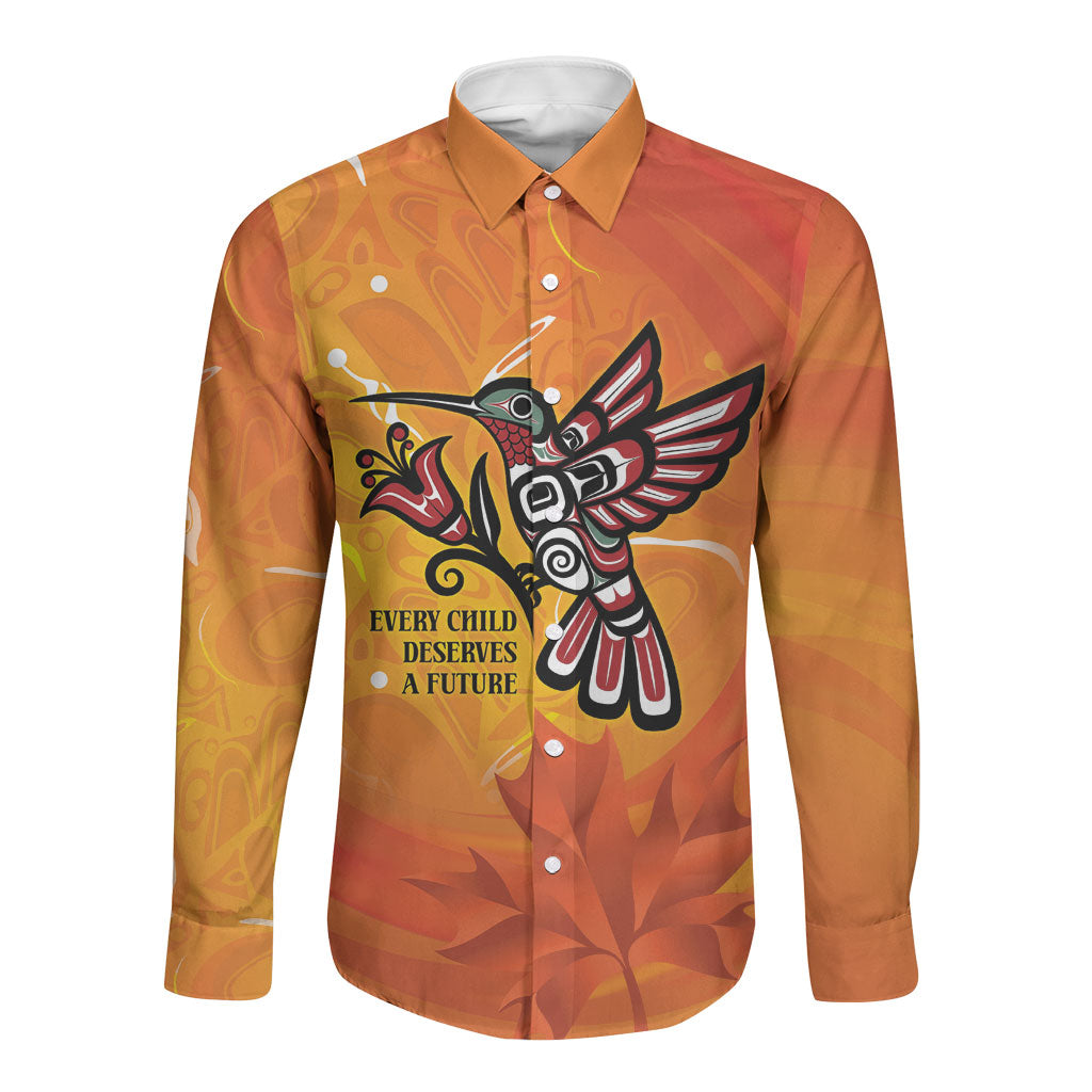 Canada Orange Shirt Day Haida Hummingbird Long Sleeve Button Shirt September 30 Truth and Reconciliation