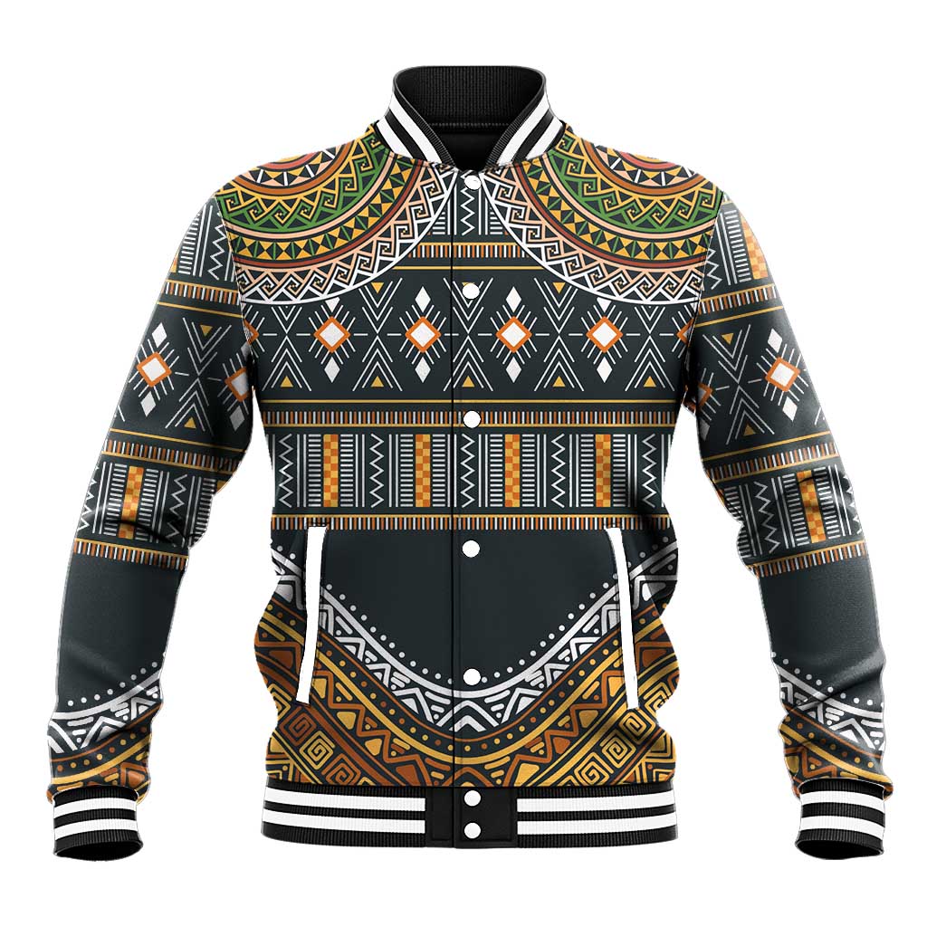Tribal-pattern baseball jacket, black with gold, green, orange, ribbed collar and cuffs
