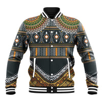 Tribal-pattern baseball jacket, black with gold, green, orange, ribbed collar and cuffs