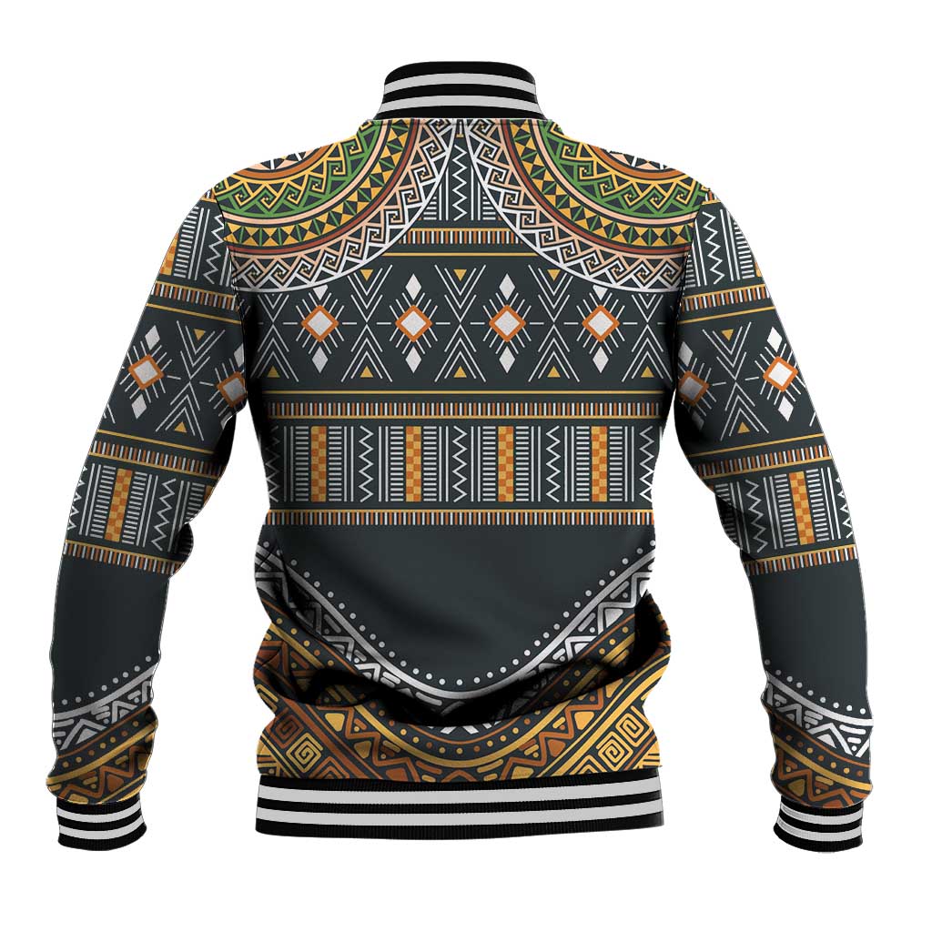 Tribal-pattern baseball jacket back, black with gold, green, orange, ribbed collar and cuffs