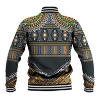 Tribal-pattern baseball jacket back, black with gold, green, orange, ribbed collar and cuffs