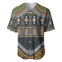 Dark baseball jersey with bold tribal geometric print, V-neck collar, short sleeves, button placket
