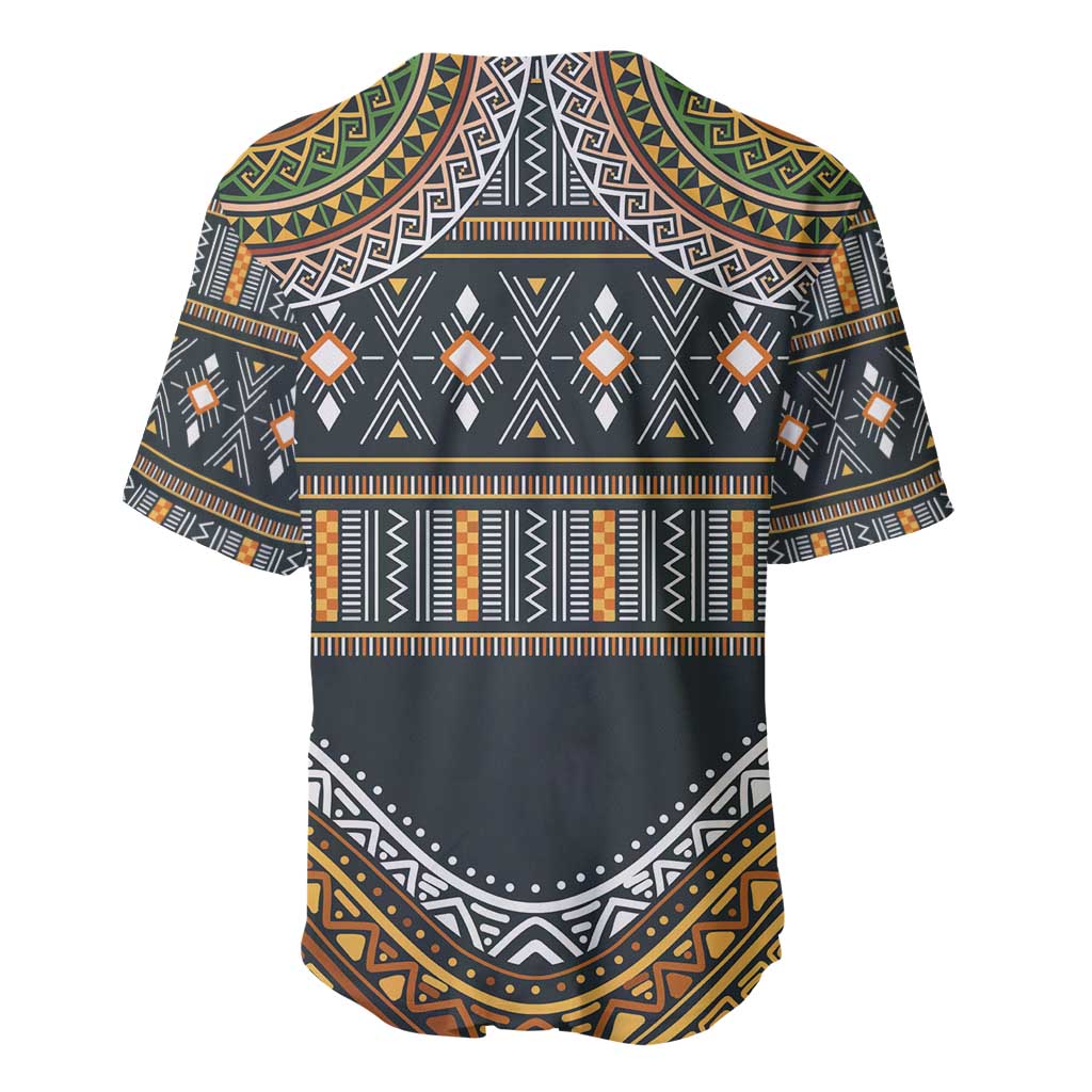 Dark baseball jersey with tribal geometric print paneling, V-neck collar, short sleeves, button placket