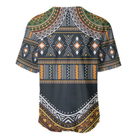 Dark baseball jersey with tribal geometric print paneling, V-neck collar, short sleeves, button placket