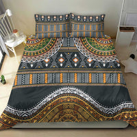 Charcoal bedding set with layered geometric strips, central arch motif, and two matching pillowcases.