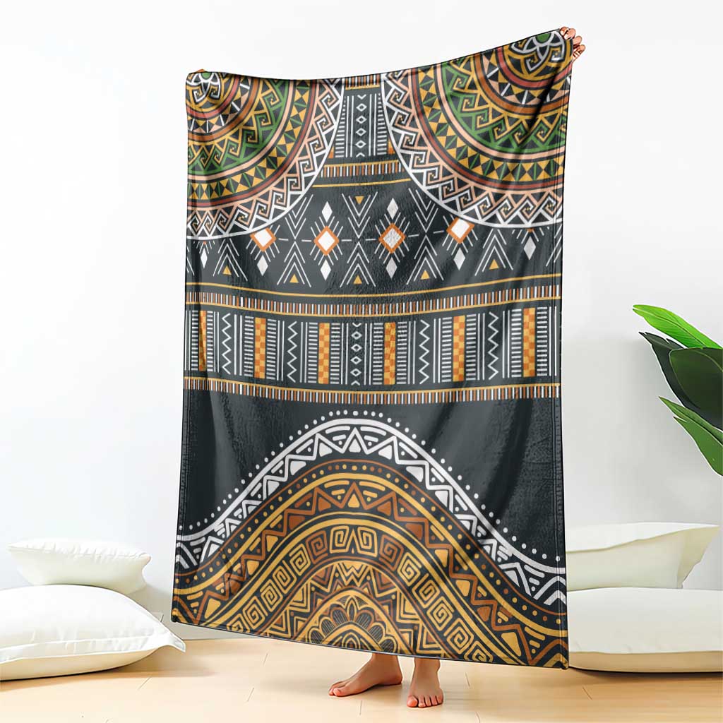 Geometric ethnic pattern throw blanket in dark gray with gold, orange, teal, white