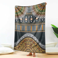 Geometric ethnic pattern throw blanket in dark gray with gold, orange, teal, white