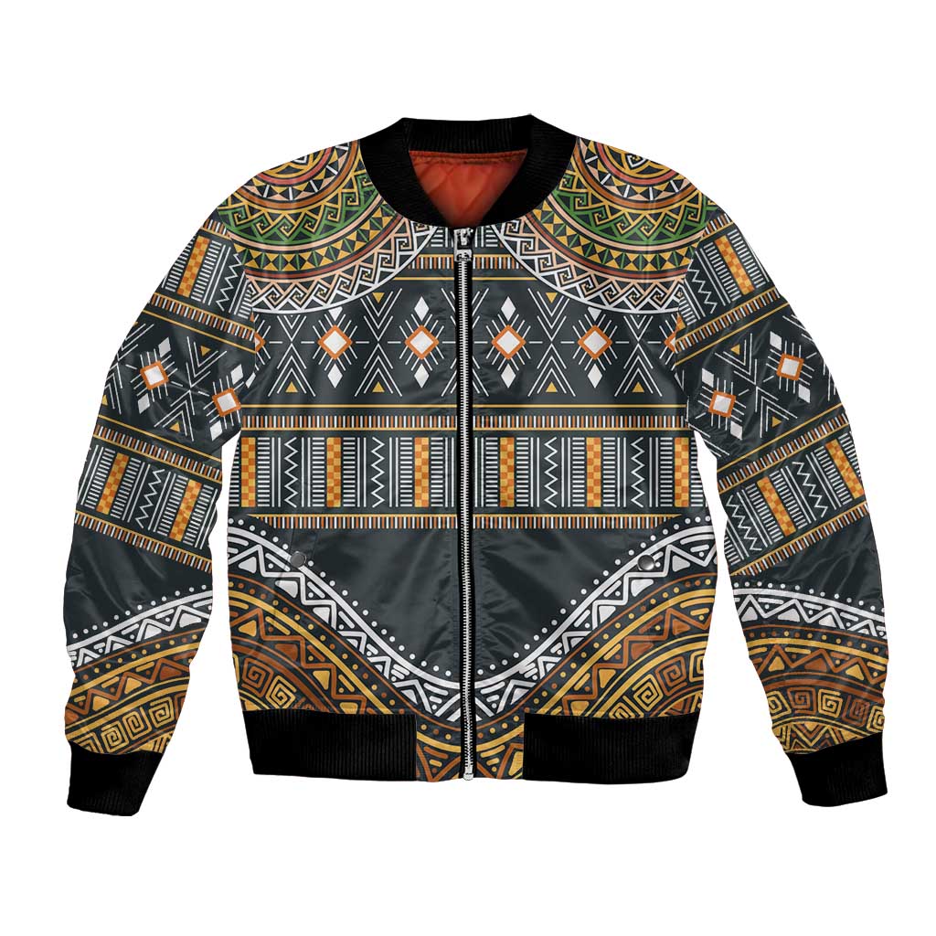 Unisex bomber jacket with full-zip front, ribbed cuffs, and tribal geometric pattern.
