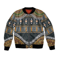 Unisex bomber jacket with full-zip front, ribbed cuffs, and tribal geometric pattern.