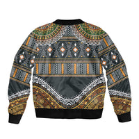 Unisex bomber jacket with ribbed hem and large tribal geometric back graphic.