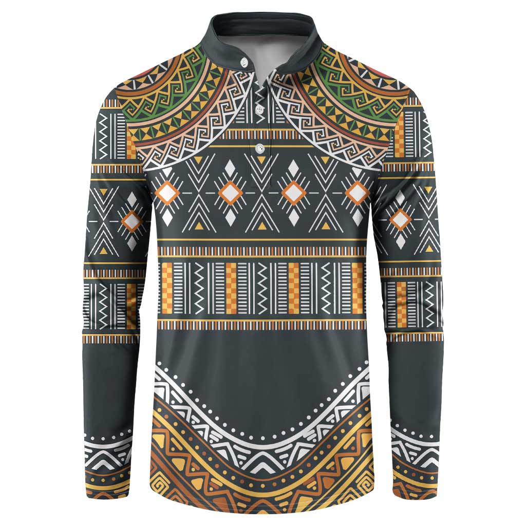 Ethnic pattern button sweatshirt, dark green with orange and white geometric designs