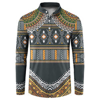 Ethnic pattern button sweatshirt, dark green with orange and white geometric designs