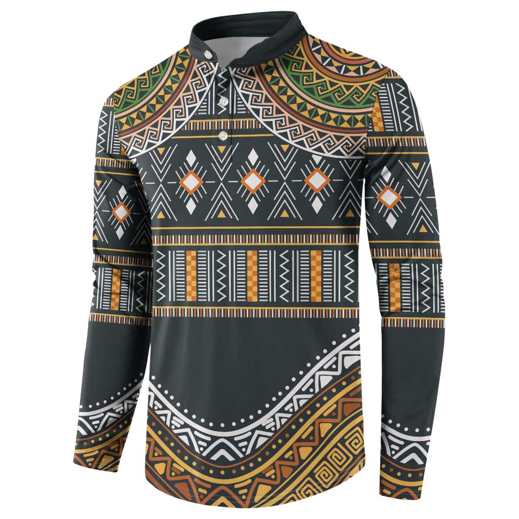 Ethnic pattern button sweatshirt, dark green with geometric stripe band and diamond motifs