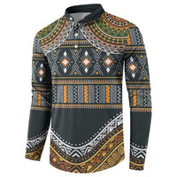 Ethnic pattern button sweatshirt, dark green with geometric stripe band and diamond motifs