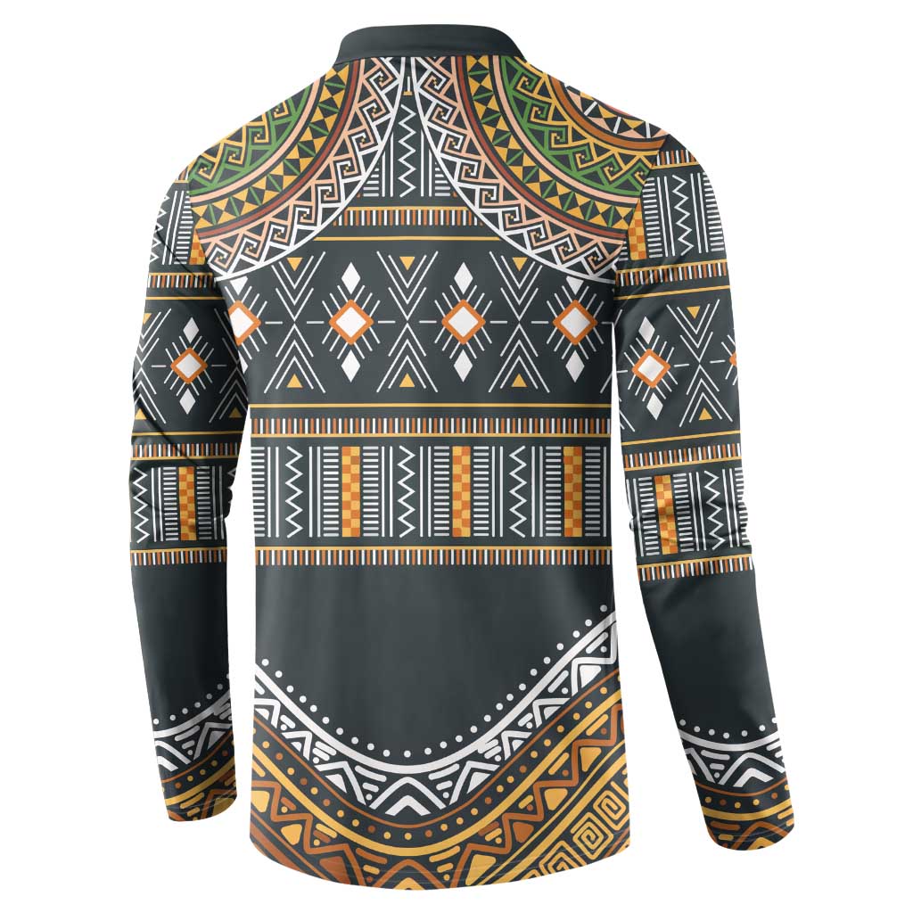 Ethnic pattern button sweatshirt, dark green with ornate back yoke and border prints