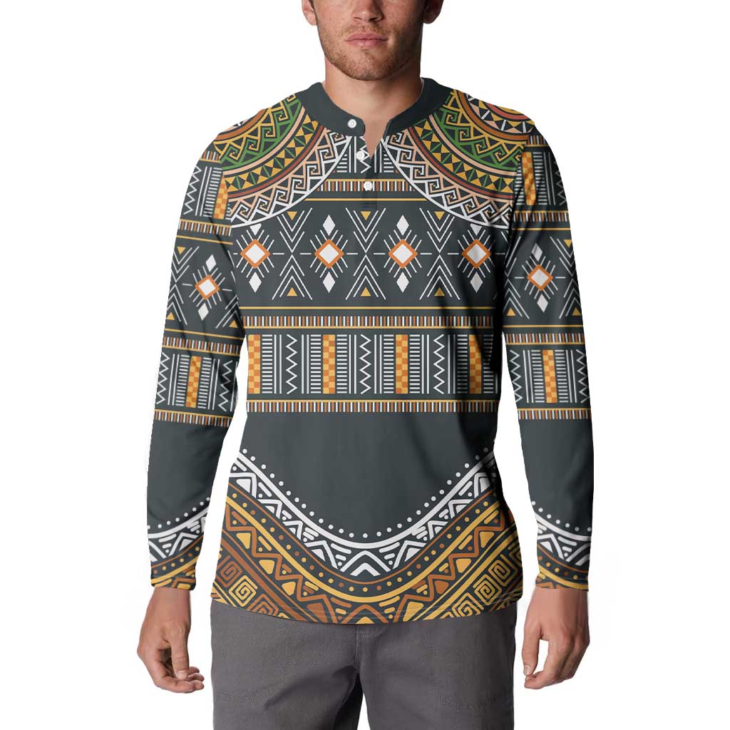 Ethnic pattern button sweatshirt, long sleeves, dark green with multicolor tribal panel