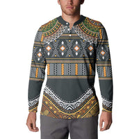 Ethnic pattern button sweatshirt, long sleeves, dark green with multicolor tribal panel