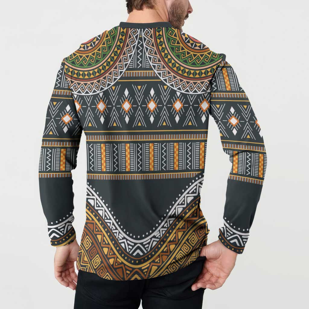 Ethnic pattern button sweatshirt, back view with multicolor tribal border and stripe patterns