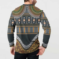 Ethnic pattern button sweatshirt, back view with multicolor tribal border and stripe patterns