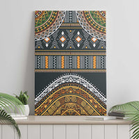 African geometric canvas wall art featuring tribal arch and border patterns in black, gold, and teal