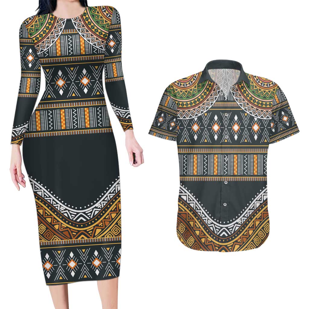 Africa Ethnic Native Pattern Couples Matching Long Sleeve Bodycon Dress and Hawaiian Shirt LT9 - Wonder Print Shop