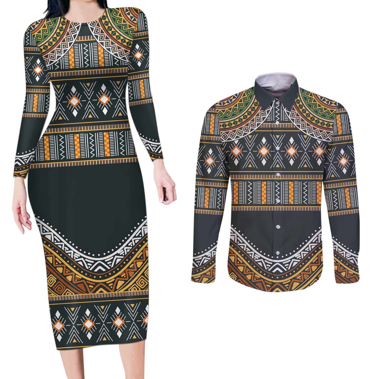 Africa Ethnic Native Pattern Couples Matching Long Sleeve Bodycon Dress and Long Sleeve Button Shirt LT9 - Wonder Print Shop